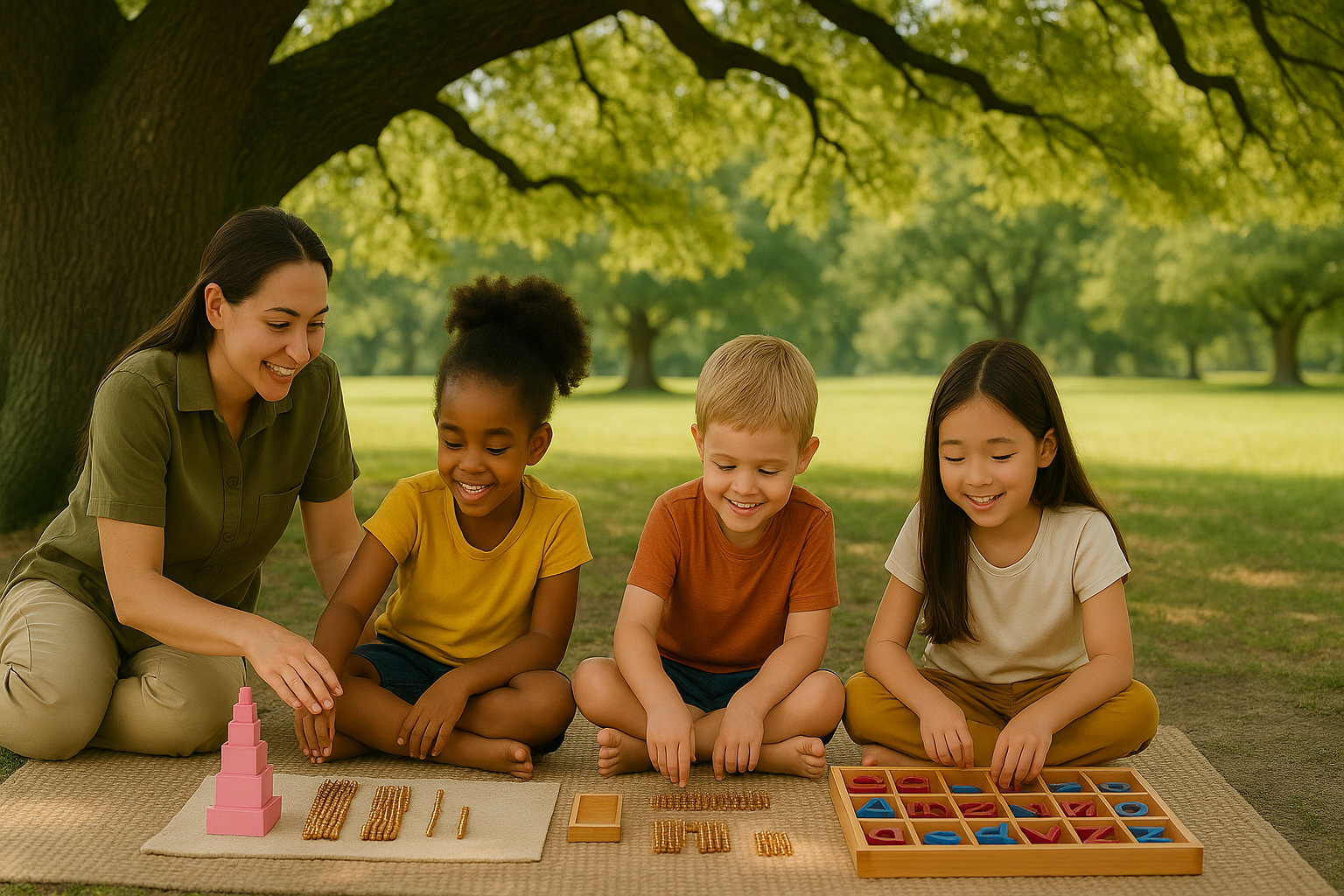 Teacher and students in an outdoor Montessori classroom